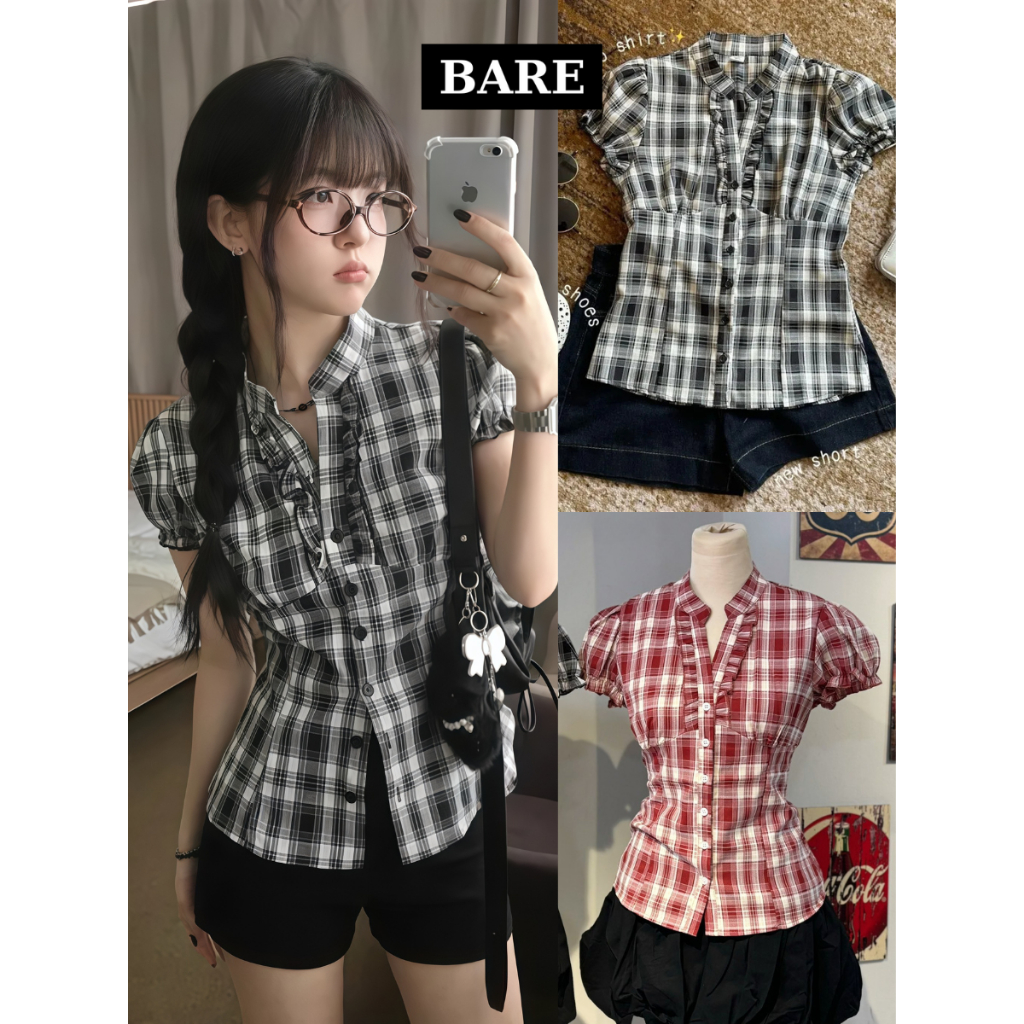 BARE_เสื้อเชิ้ตลายสก๊อตเกาหลีแขนทรงเข้ารูป – ผู้หญิง ทรงแฮ็ค_A682, A629