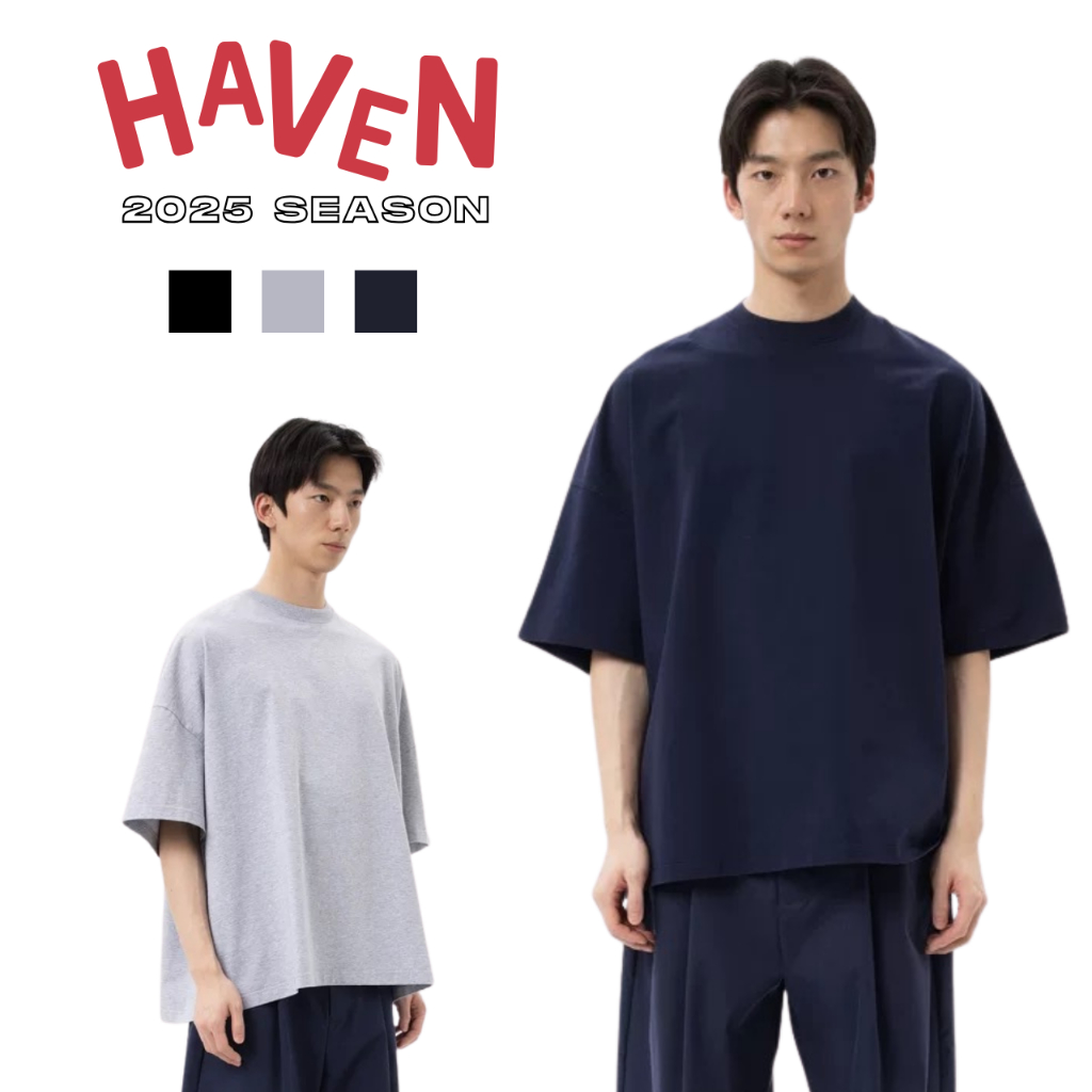 Haven Studio เสื้อยืดสีพื้นสําหรับผู้ชายและผู้หญิงผ้าฝ้ายสีดําสีเทาสีน้ําเงินถ่านน้ําหนัก 300gsm