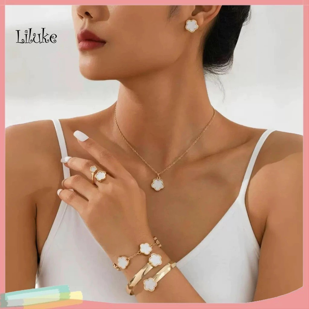 LK สร้อยคอสร้อยข้อมือสร้อยข้อมือต่างหูชุด 5 ดอกไม้นําโชค Rhinestone ชุดเครื่องประดับสร้อยคอสร้อยข้อม