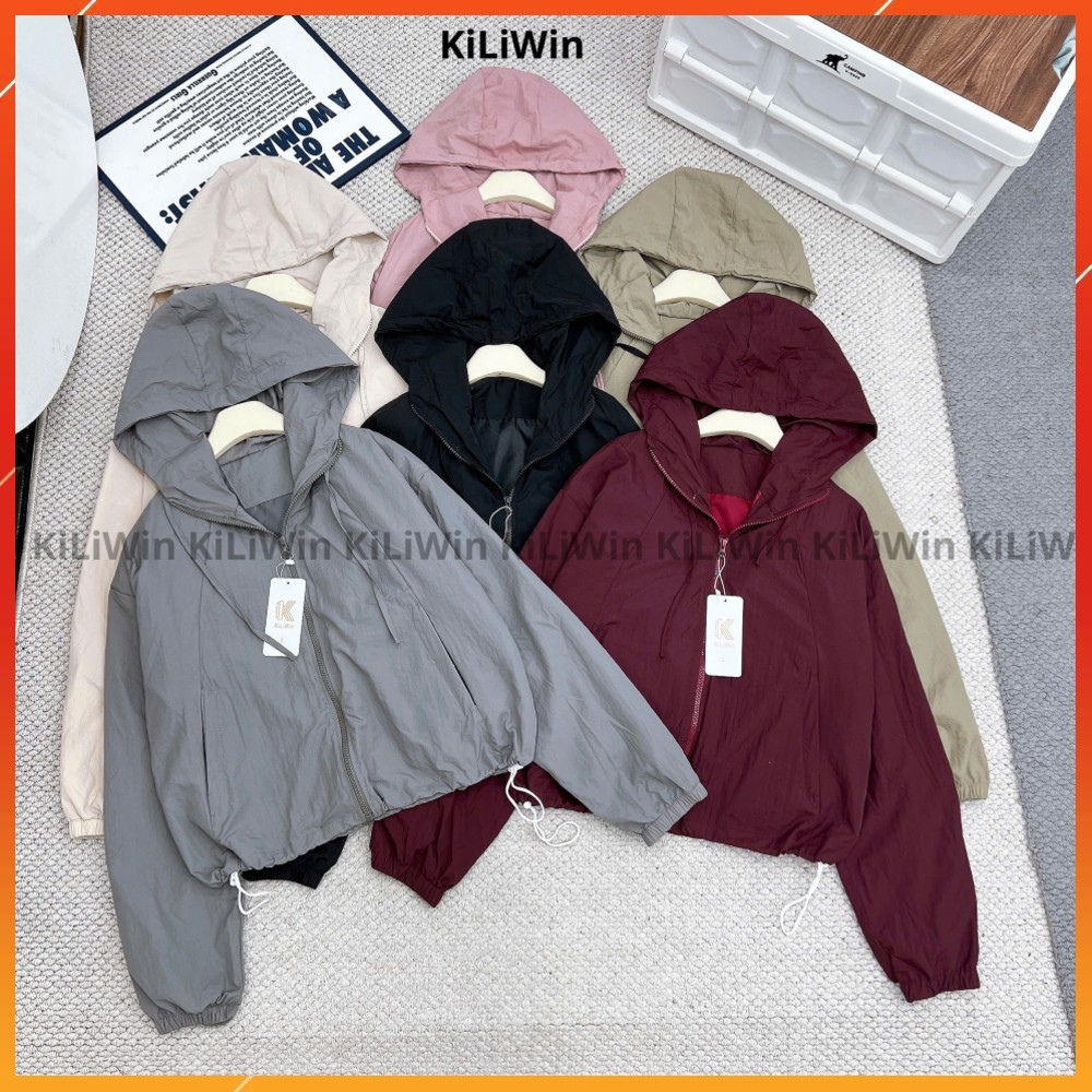 เสื้อกันลมริ้วรอยผู้หญิง ซับในผ้าไหม 2 ชั้น กระเป๋าซิป กระเป๋าด้านใน ฮู้ดหูรูด - เสื้อกันลมแบบมิดชิด