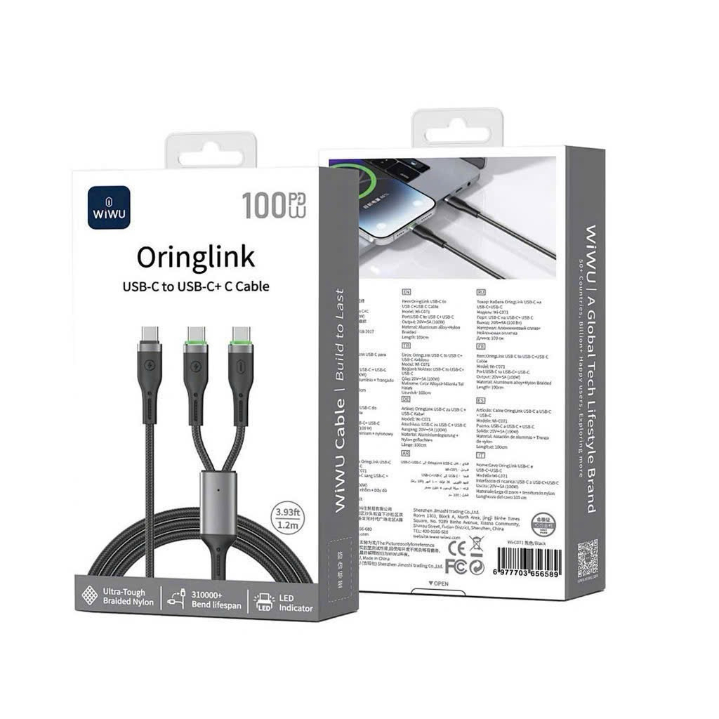 WiWU 100W Oringlink 2in1 Fast สายชาร์จ (USB C To C + IP/ To C + C) ของแท้ super ทนทานสายร่มชูชีพสําห