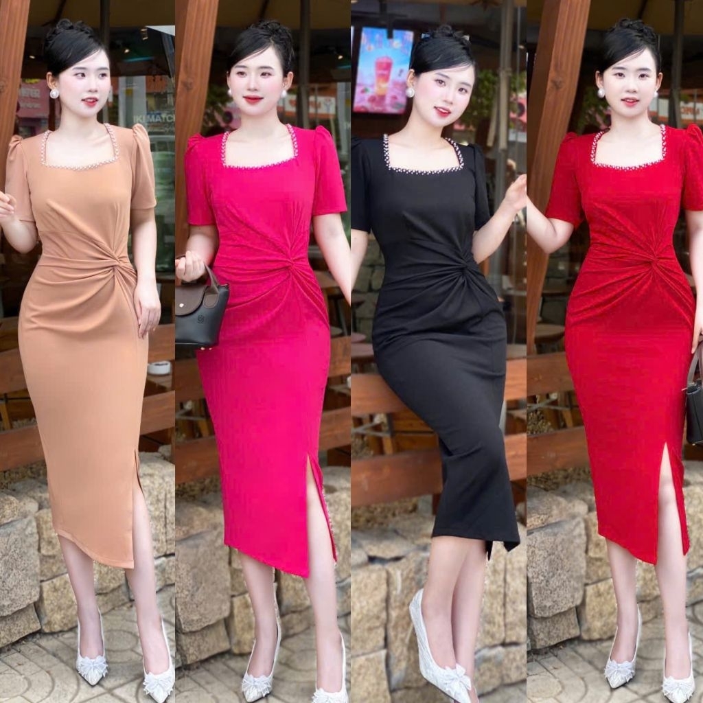 ชุดเดรสบอดี้คอนคอเหลี่ยมเอวบิดtko mm 2025a