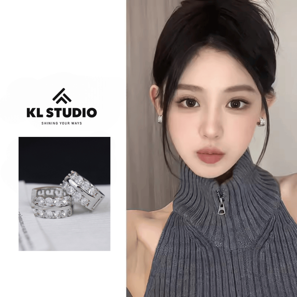 KL.STUDIO ต่างหูทรงกลมพร้อมกระดุมหินหนา, ต่างหูหินกลมคุณภาพสูง - E67