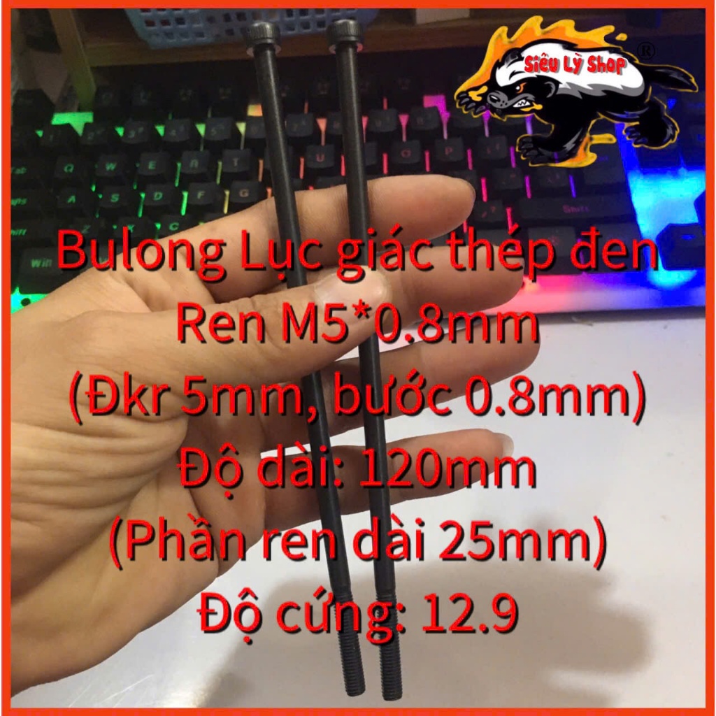 กลอนหกเหลี่ยมเหล็กดํา M5x120mm (เกลียว M5*0.8mm ยาว 120mm ล็อคหกเหลี่ยม 4mm)