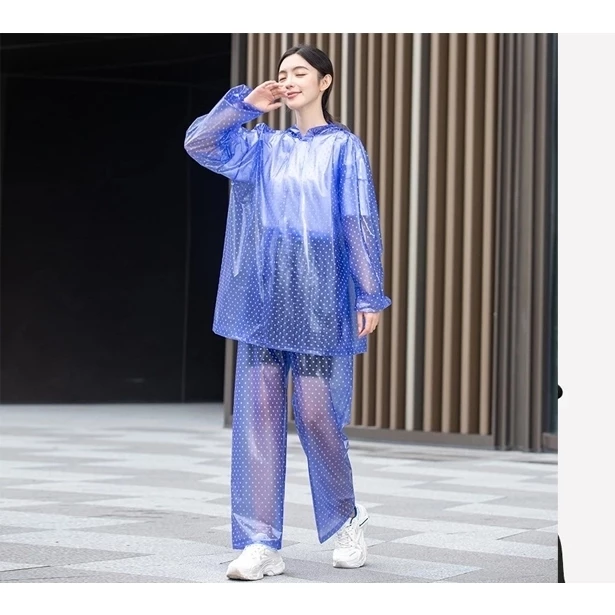 ชุดเสื้อกันฝนเสื้อกันฝนคนเดียวทําจากผ้าพีวีซีกันน้ําทนทานชุดใสลายจุด thumbnail 3