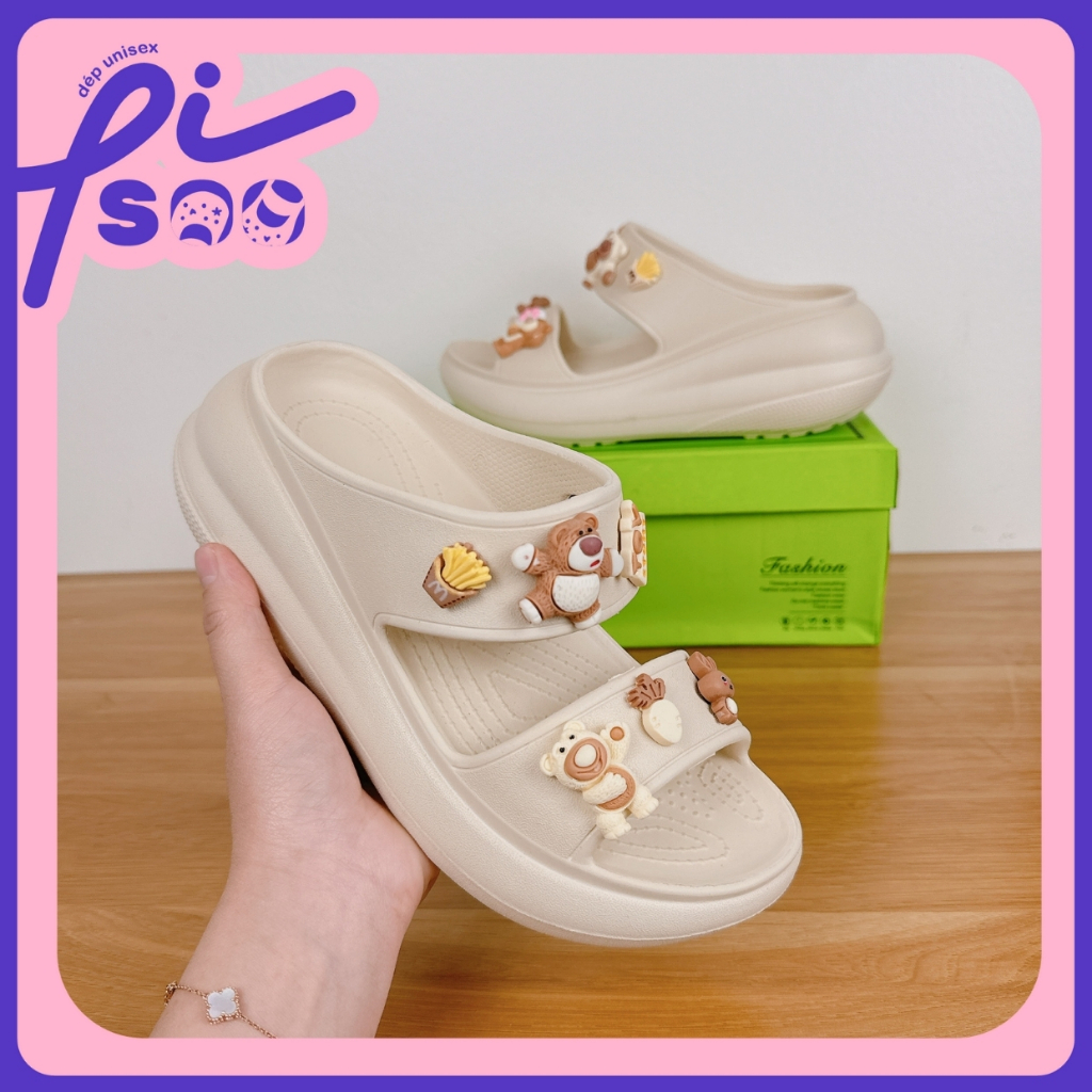 รองเท้าแตะไขว้พร้อมสายขึ้นรูปชิ้นเดียว 2 ชิ้น รองเท้าแตะไขว้ของผู้หญิงพร้อมรองเท้าส้นสูง 6 ซม. และชุดชาร์มหมี PiSoo