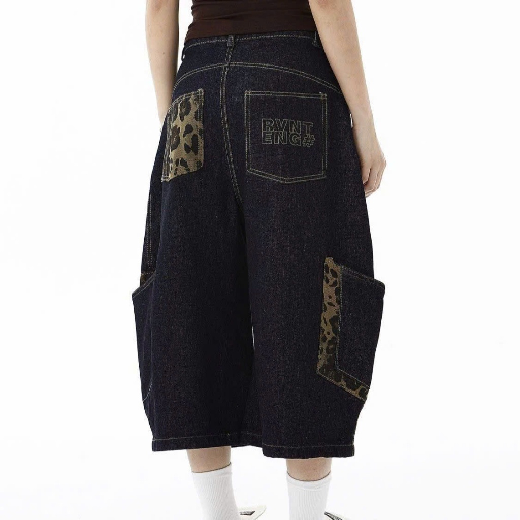 กางเกงยีนส์ขากว้างทุกเพศพร้อมกระเป๋าเสือดาวสีดําสไตล์สตรีทคุณภาพสูง - MI STORE
