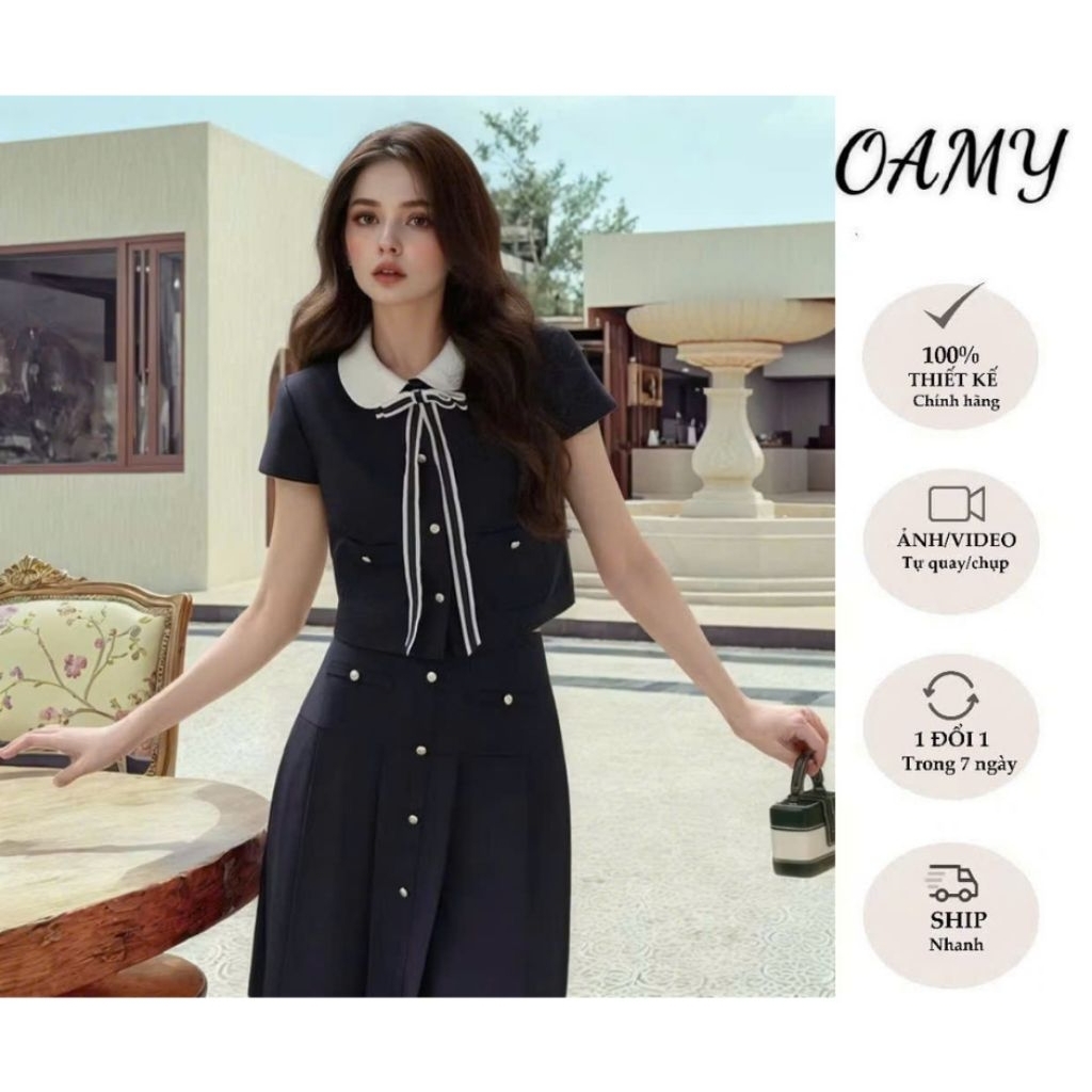 โอ้ ชุดเลดี้ชุดโครเชต์เสื้อปกบัวและกระโปรงกระดุมจีบยาวพร้อมโบว์