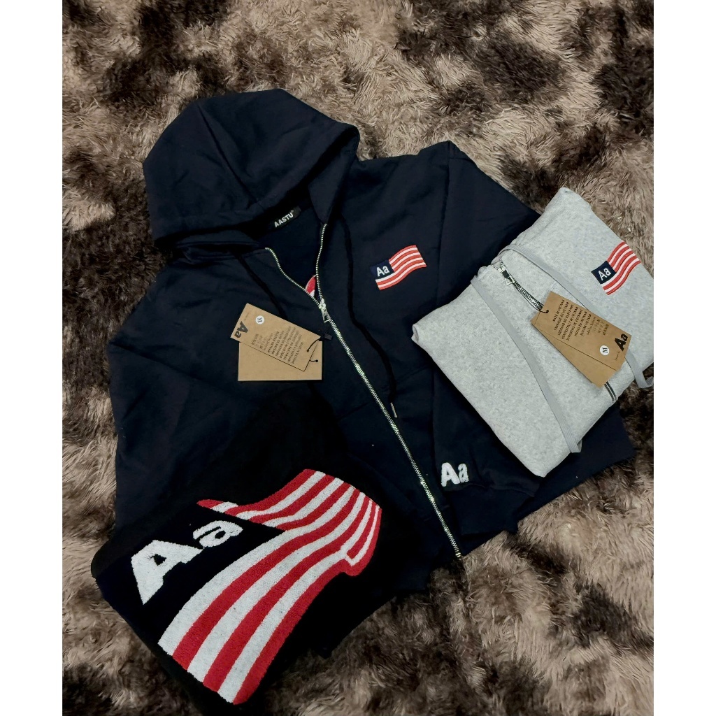 Aastu Boxy Loose Zip Hoodie Jacket ทําจากขนแกะขาปูปัก Ruffled Flag Shape Extremely ของแท้ Hot Trend 