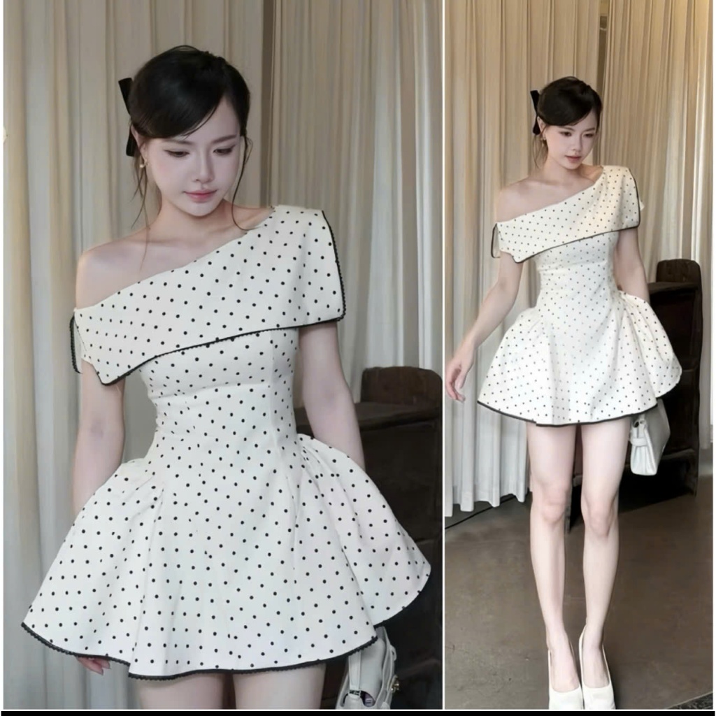 Hottrend A111 เดรสลายจุด สั้น ยาว ดีไซน์ปาดไหล่เอวบาน หรูหราสุดๆ Van Akara