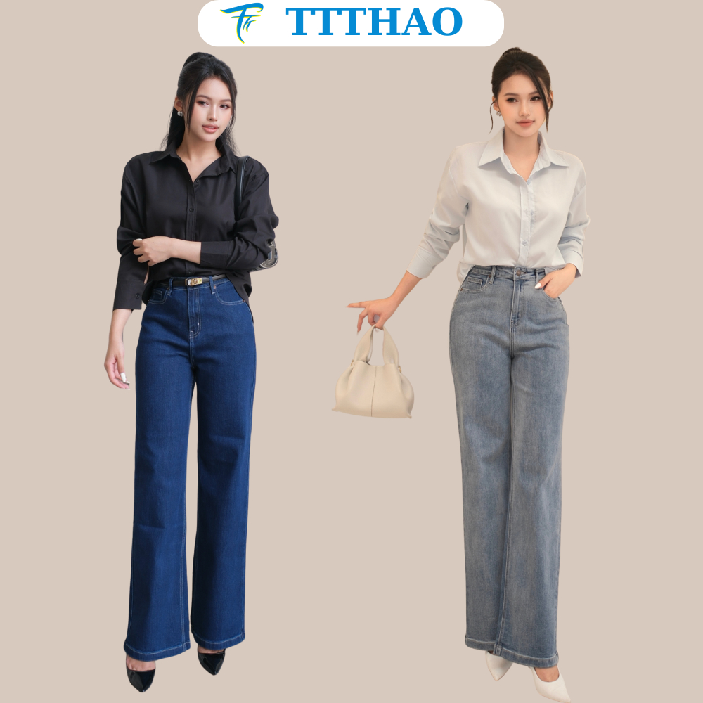 TTTHAO กางเกงยีนส์ขาตรงผู้หญิงคุณภาพสูง กางเกงยีนส์ผู้หญิงขากว้างยาว 103 ซม. กางเกงยีนส์ผู้หญิงพื้นฐ