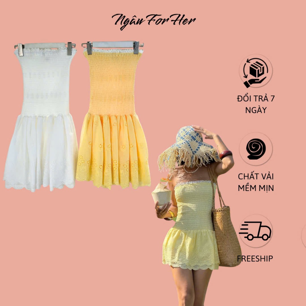 YELOW DRESS- ชุดเกาะอกลูกไม้สั้นสําหรับเธอ
