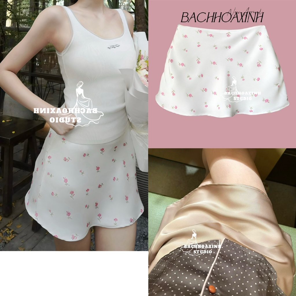 กระโปรงผ้าไหมลายดอกไม้ 2 ชั้นพร้อมกางเกงด้านใน - หัวเข็มขัดด้านข้างบาน A-Line สําหรับรูปพื้นฐานที่อ่อนโยน