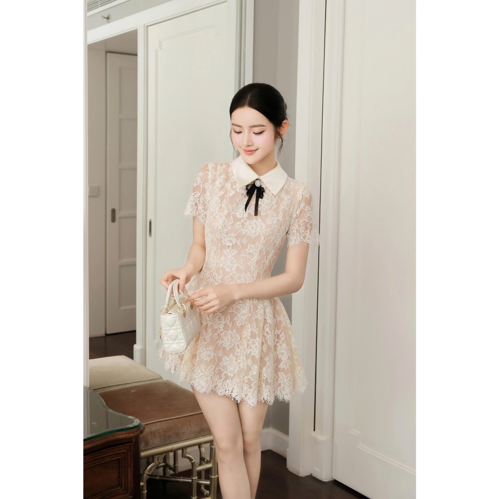 Lynchic- NEW DNC เดรสลูกไม้สีน้ําตาลนุ่มแขนสั้นคอปก