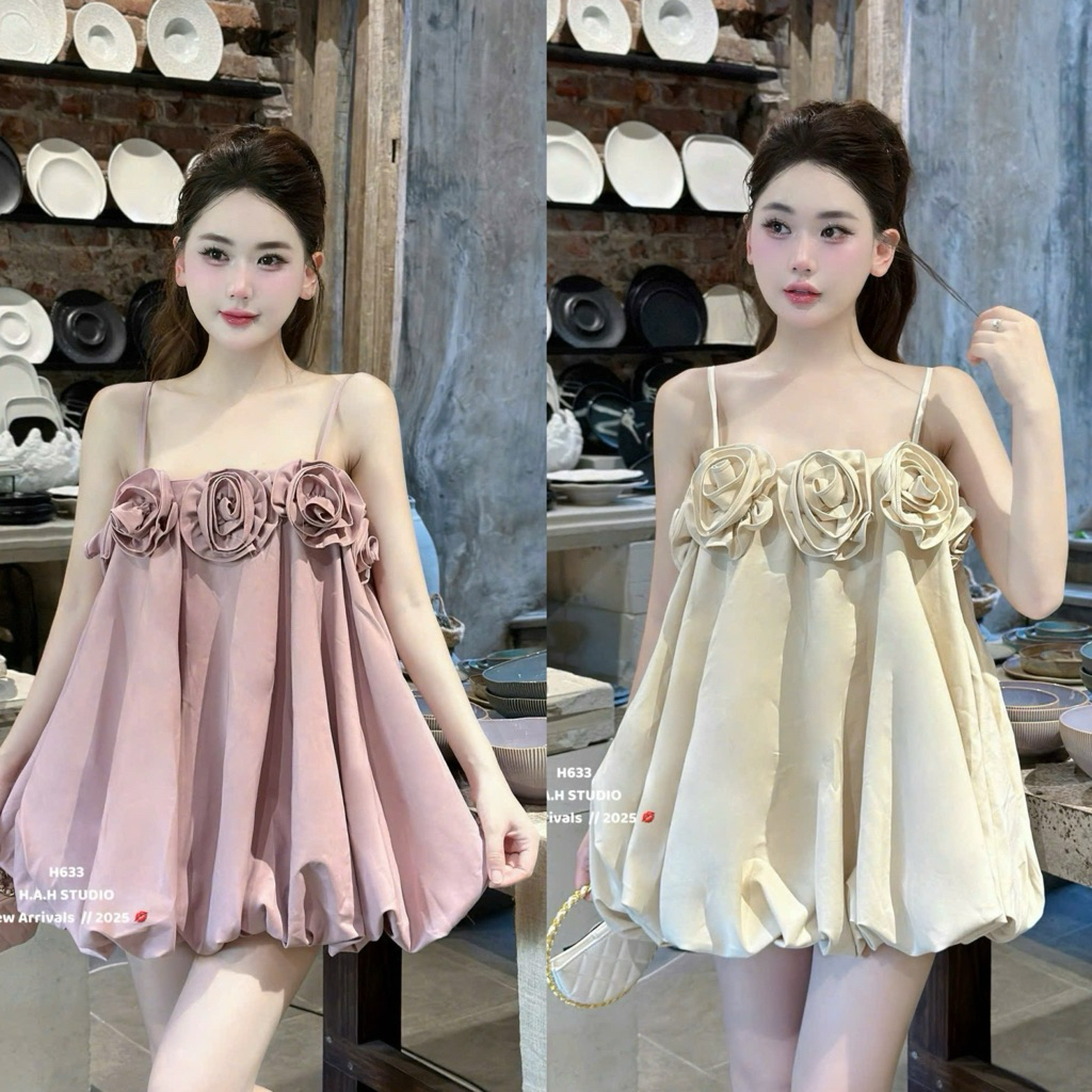 เดรสสั้น2สายกุหลาบติดอกนาง