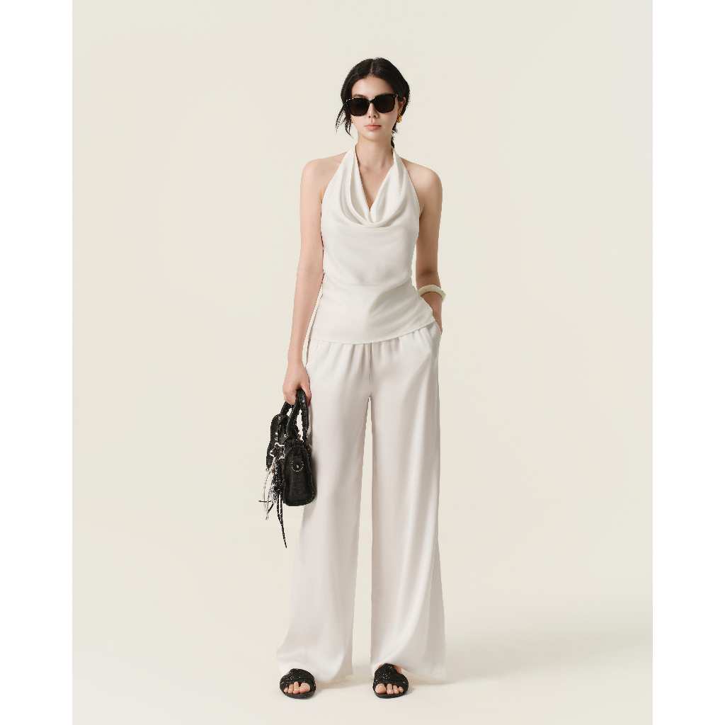 [Lazyhug] Lean Set - เซ็ตเสื้อคล้องคอผูกโบว์ กางเกงขาตรงสีขาว