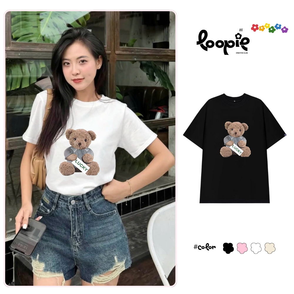 Lucky Loopie Club BST37 เสื้อยืดหลวม Unisex | เสื้อยืดโอเวอร์ไซส์ผ้าฝ้ายสําหรับผู้ชายและผู้หญิงสําหร