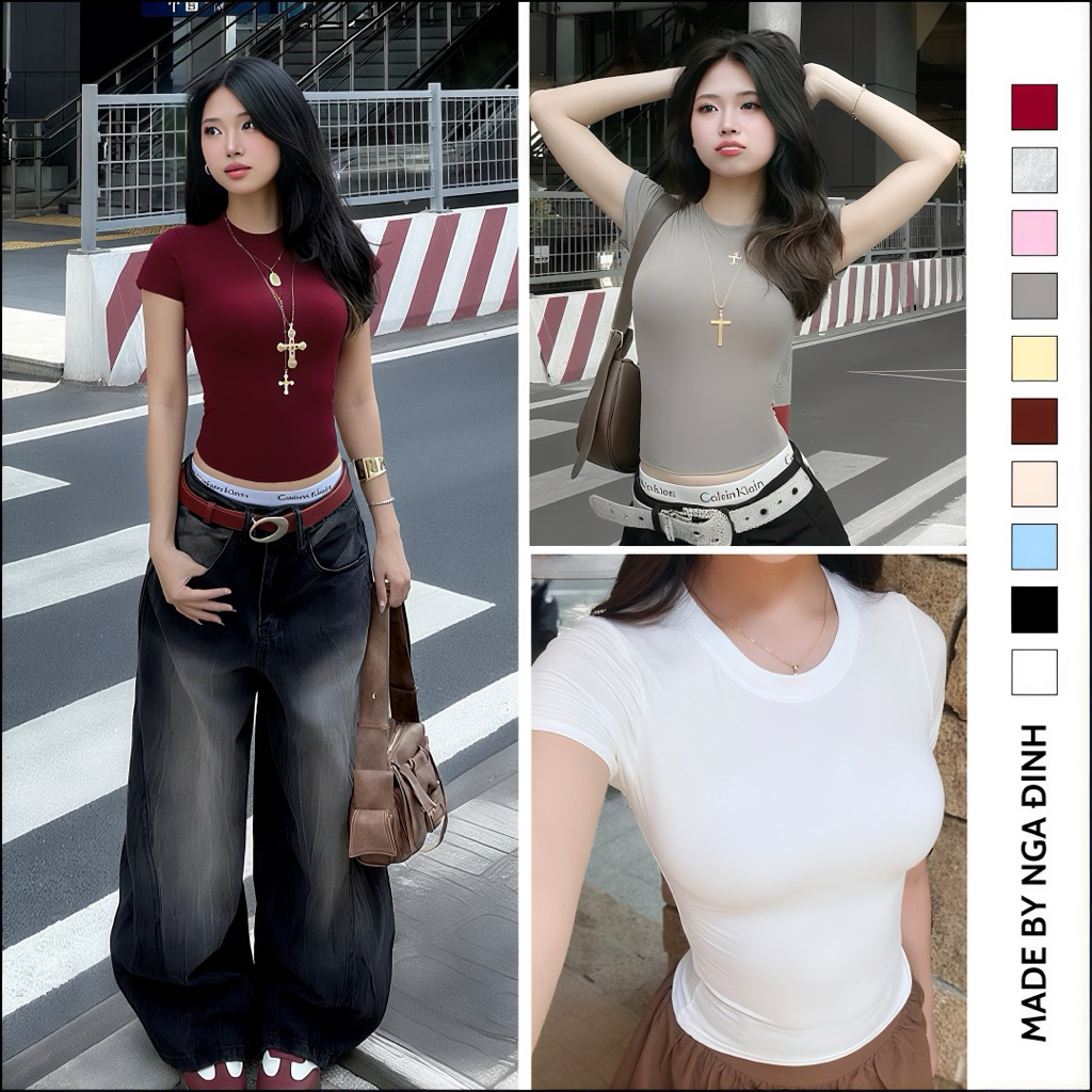 NGA DINH เสื้อยืดคอกลมเข้ารูปผ้าคอตตอนนุ่มลื่นเสื้อยืดเข้ารูป เบบี้ที เสื้อยืดตัวเอว