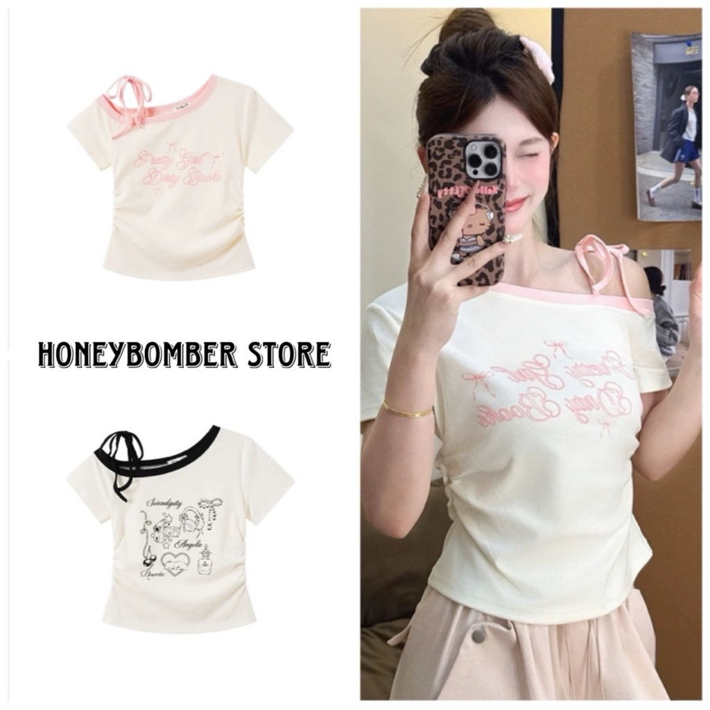 Baby Tee Off Shoulder Cute Strap Hem Womens babytee Stretch Cotton Ulzzang Shirt