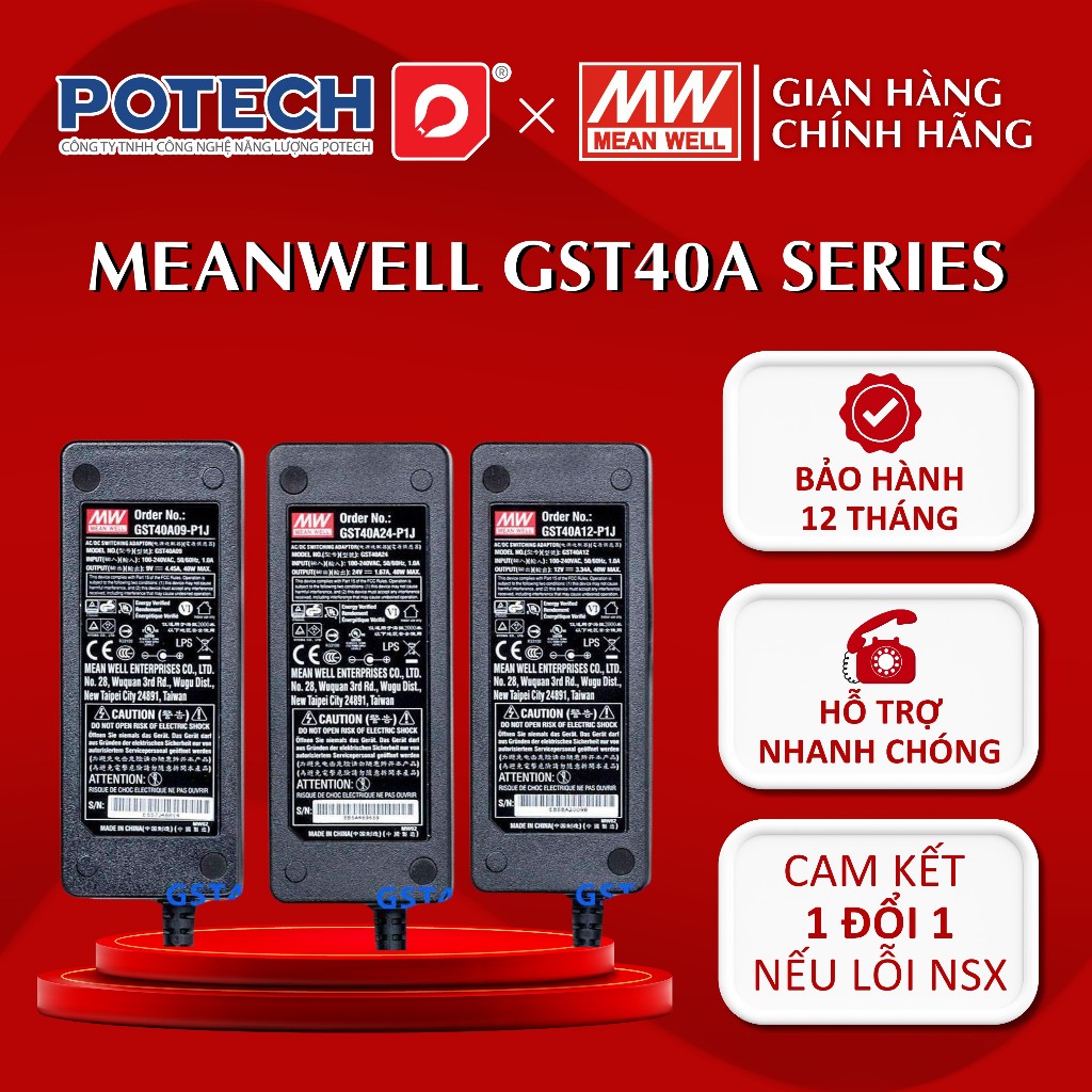 Power Adapter GST40A09-P1J, GST40A12-P1J, GST40A24-P1J, Meanwell แหล่งพลังงานที่มีความจุ 40W