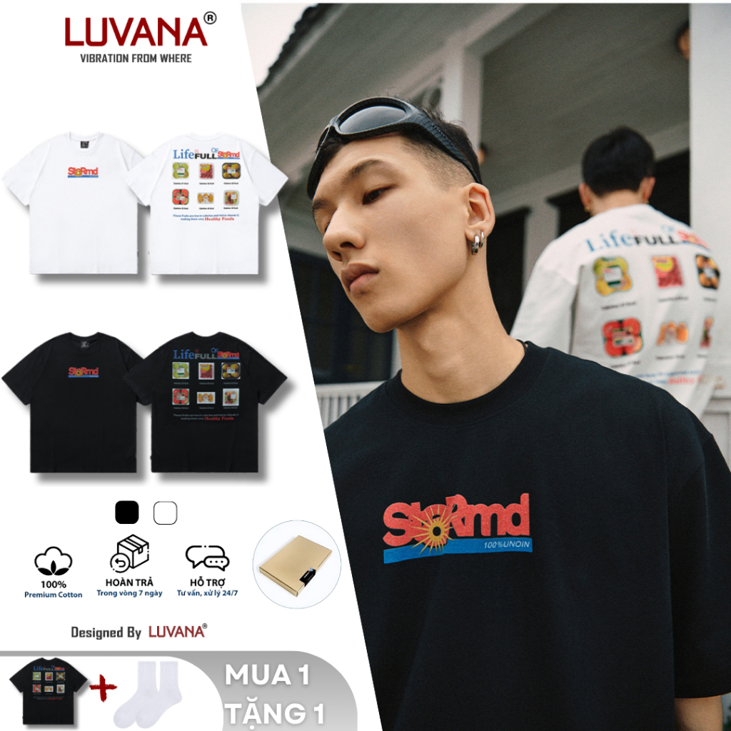 เสื้อยืดผู้ชายและผู้หญิง Unisex พิมพ์ด้วยผลไม้ Is Life ลาย LUVANA Oversize เสื้อยืดแขนหลวมรอบคอผ้าฝ้
