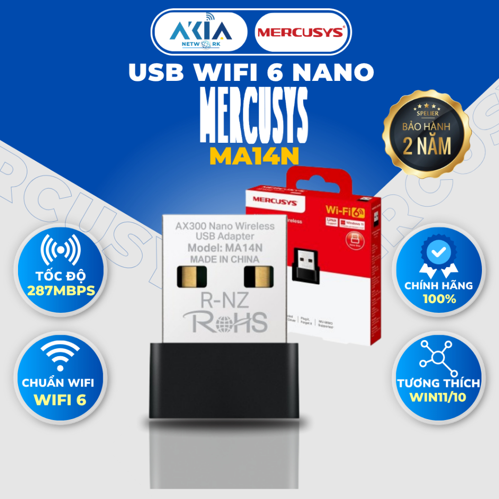 USB Wi-Fi 6 นาโน Mercusys MA14N | AX300 Standard, ความเร็ว 287Mbps, Plug & Run, Windows/Linux Compat