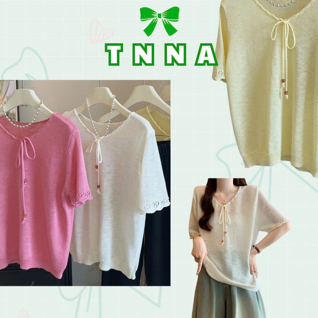 Tna_การควบคุมคุณภาพ เสื้อกันหนาวผู้หญิง แขนสั้น คอปกหัวใจ ลูกปัดไม้ เบา สไตล์พื้นฐาน สําหรับฤดูร้อน