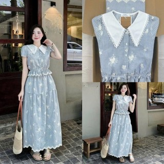 Set váy dài - Sét váy nữ thanh lịch đi làm,chơi sét đũi sọc hoa cổ bẻ phối trắng vạt nhọn viền ren phối chân váy dài xòe