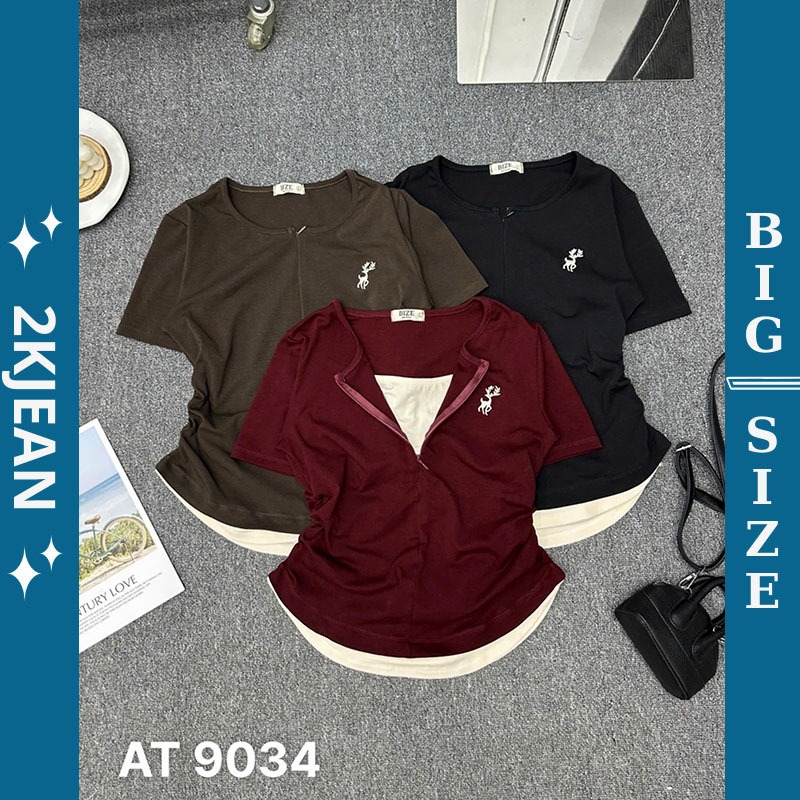 เสื้อยืดซิปปักผู้หญิง 2KJeans Bigsize 55kg-90kg เสื้อยืดแขนสั้นทําจากผ้าฝ้ายบ่อสุกคุณภาพสูงที่9034