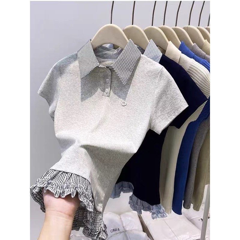 N7.30 เสื้อยืดโปโล Stars คอปกลายตารางหมากรุกและป้ายหัวใจ 673 XONXEN 23LD