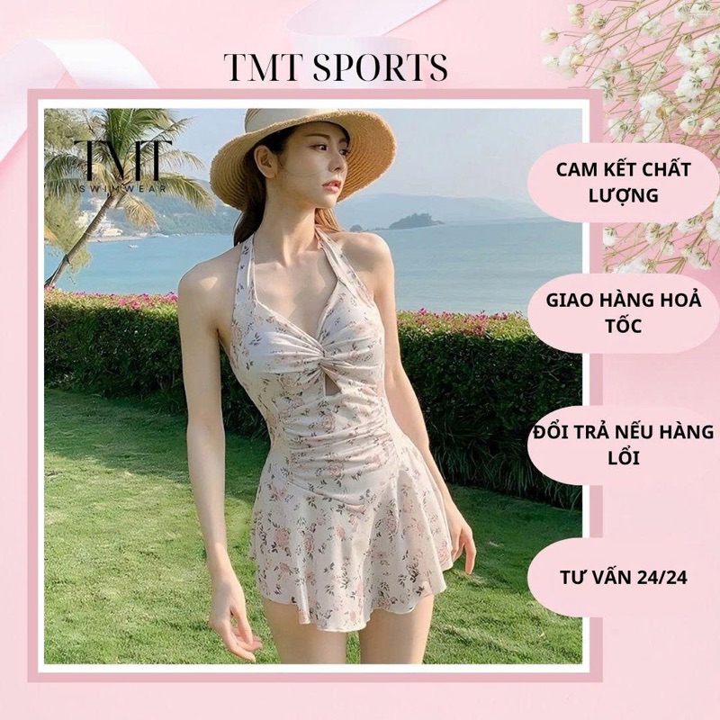 ชุดว่ายน้ํา ชุดว่ายน้ําบิกินี่ บอดี้สูทลายดอกไม้ เดรสคล้องคอ ชุดว่ายน้ําคอนซีลเลอร์ชายหาดสวยๆ BIKINI