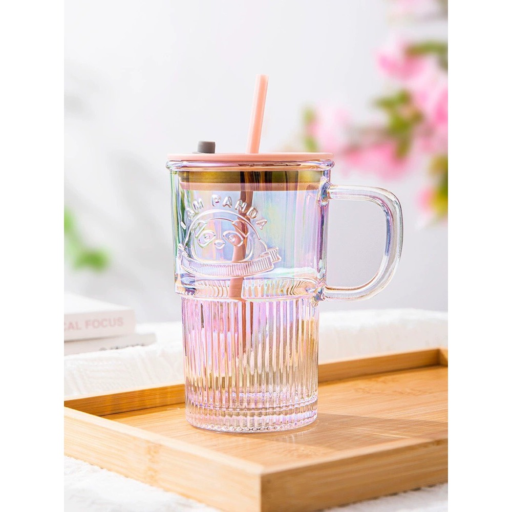 ถ้วยแก้วมีหูจับและหลอด มีทุกสี ถ้วยน้ํา 420มล