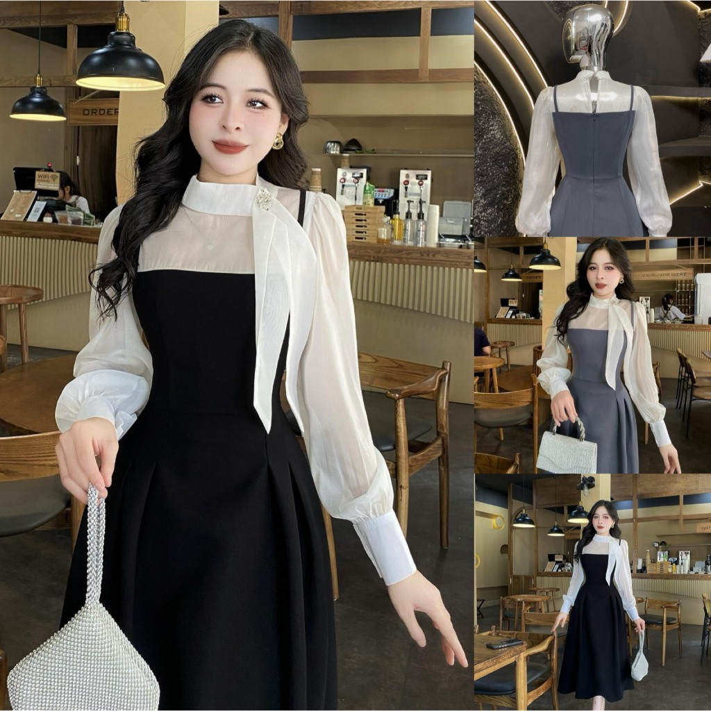 2C96 - Evii Designer Dress สําหรับผู้หญิง ดีไซน์ผ้าไหม คอปกโบว์ทรงเอบานยาว (มีป้ายฟรี) คอนซีลเลอร์