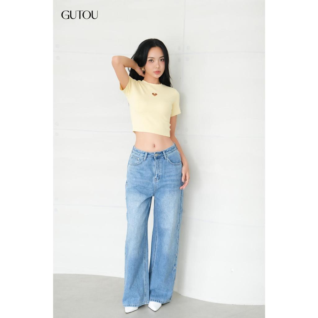 [ GUTOU ] กางเกงยีนส์ Retro Heart Wash G88