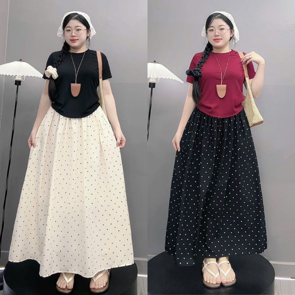 Set เสื้อยืดพื้นฐานผู้หญิงขนาดใหญ่คอกลมแขนสั้นพร้อมกระโปรงผ้าไหมลายจุดเลดี้ - SET(G244+CV422)