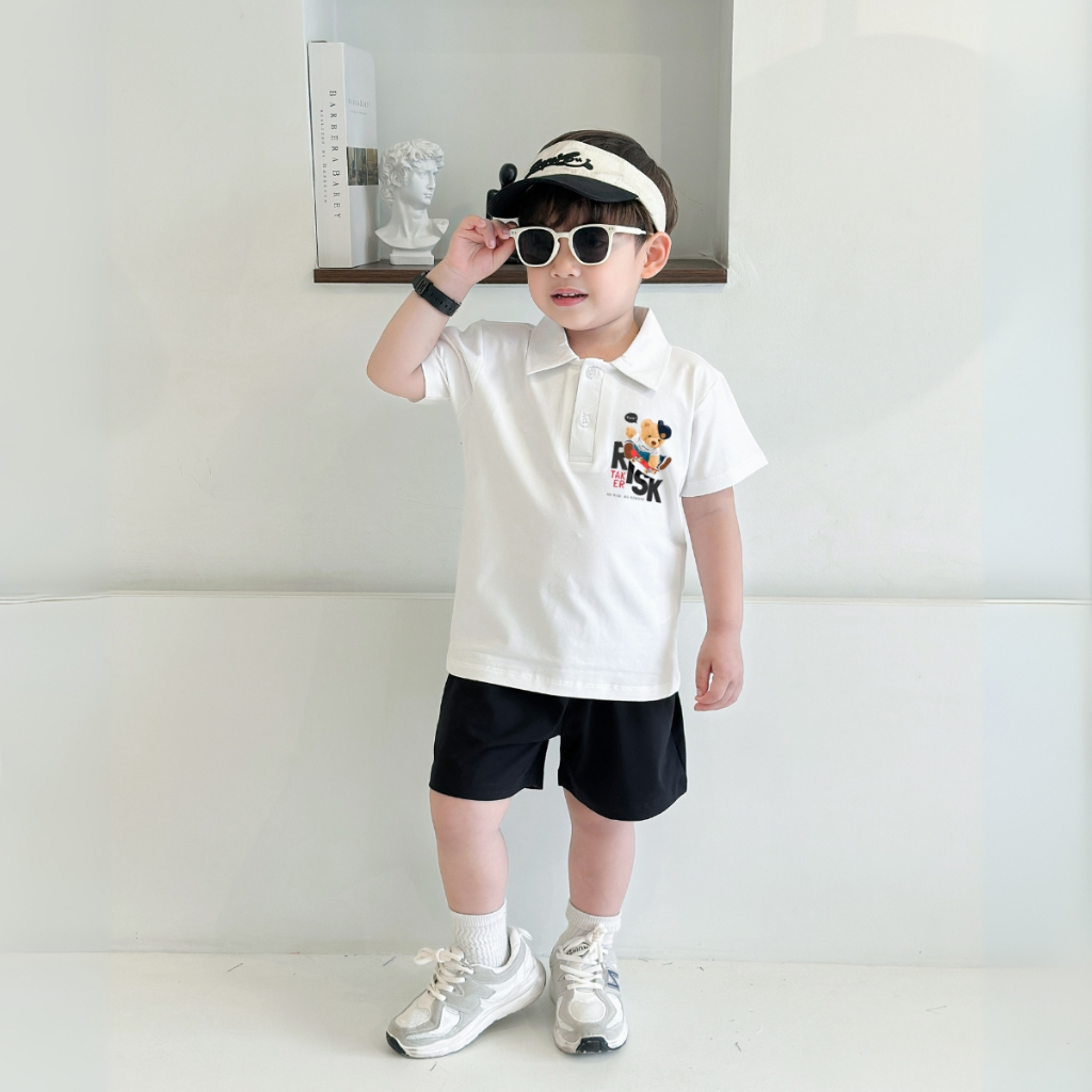 เสื้อโปโลเด็กชายพิมพ์ลาย RISK Bear หลากสี ผ้าคอตตอน 4 ทิศทาง - เสื้อยืดคอปก Loza Kids PL3187