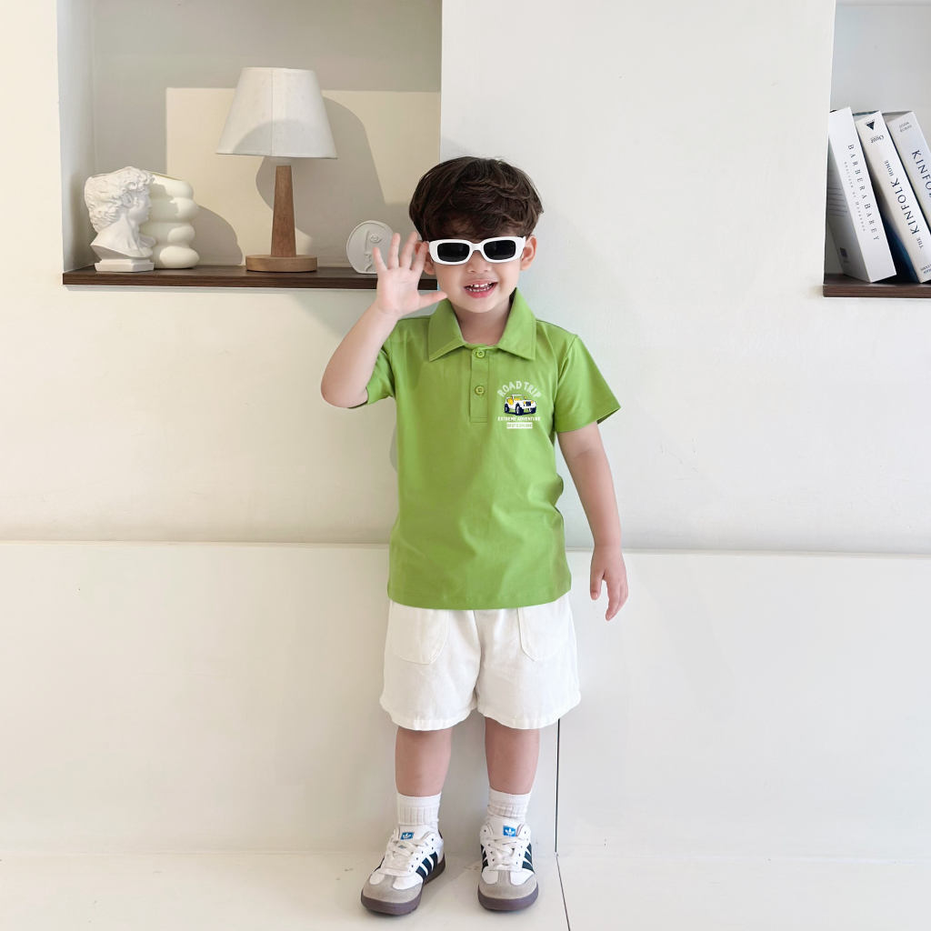 เสื้อโปโลเด็กชายพิมพ์ลายรถหลากสีทําจากผ้าฝ้าย 4 ทิศทาง - เสื้อยืดคอปก Loza Kids PL3188