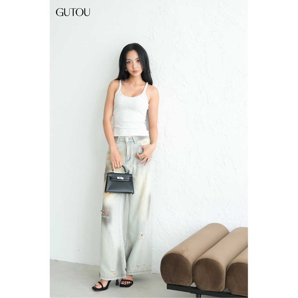 [ GUTOU ] กางเกงยีนส์ทรงตรงสตรีลายทางสีเทา G89