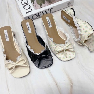 Dép cao gót nữ 4 cm NGỌC TRINH STORE quai hoa nhí phối ren tiểu thư sang chảnh _MÃ 013_ L2A.
