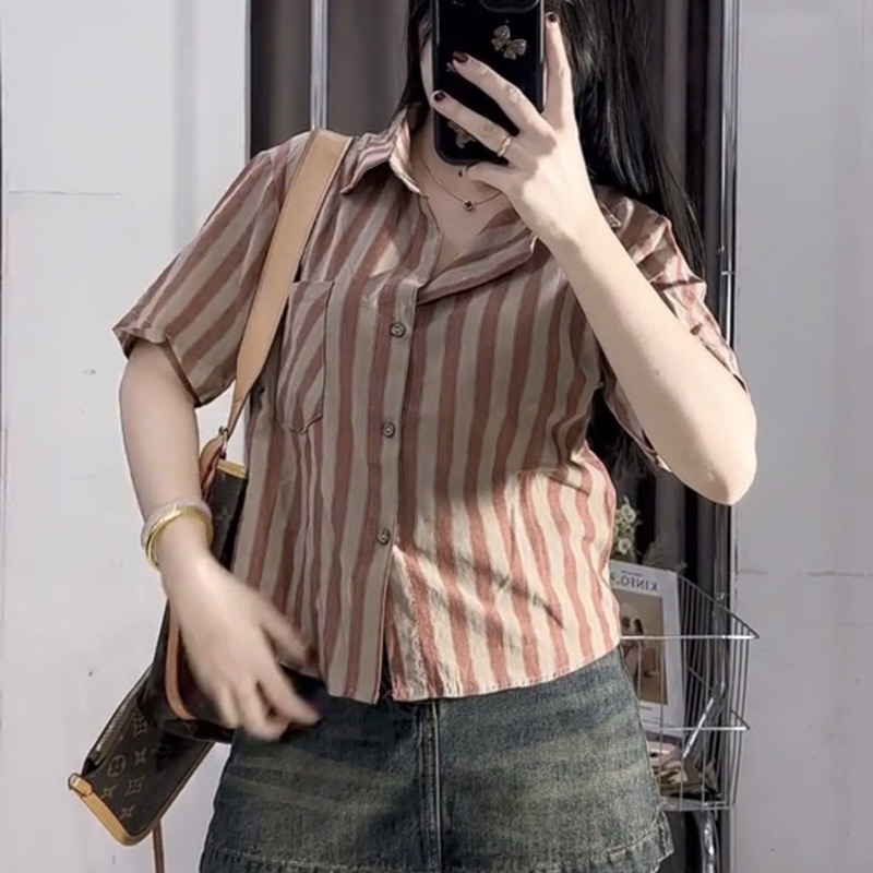 เสื้อเชิ้ตโครเชต์ลายสก๊อตขนาดกลางสไตล์เกาหลีสําหรับผู้หญิง