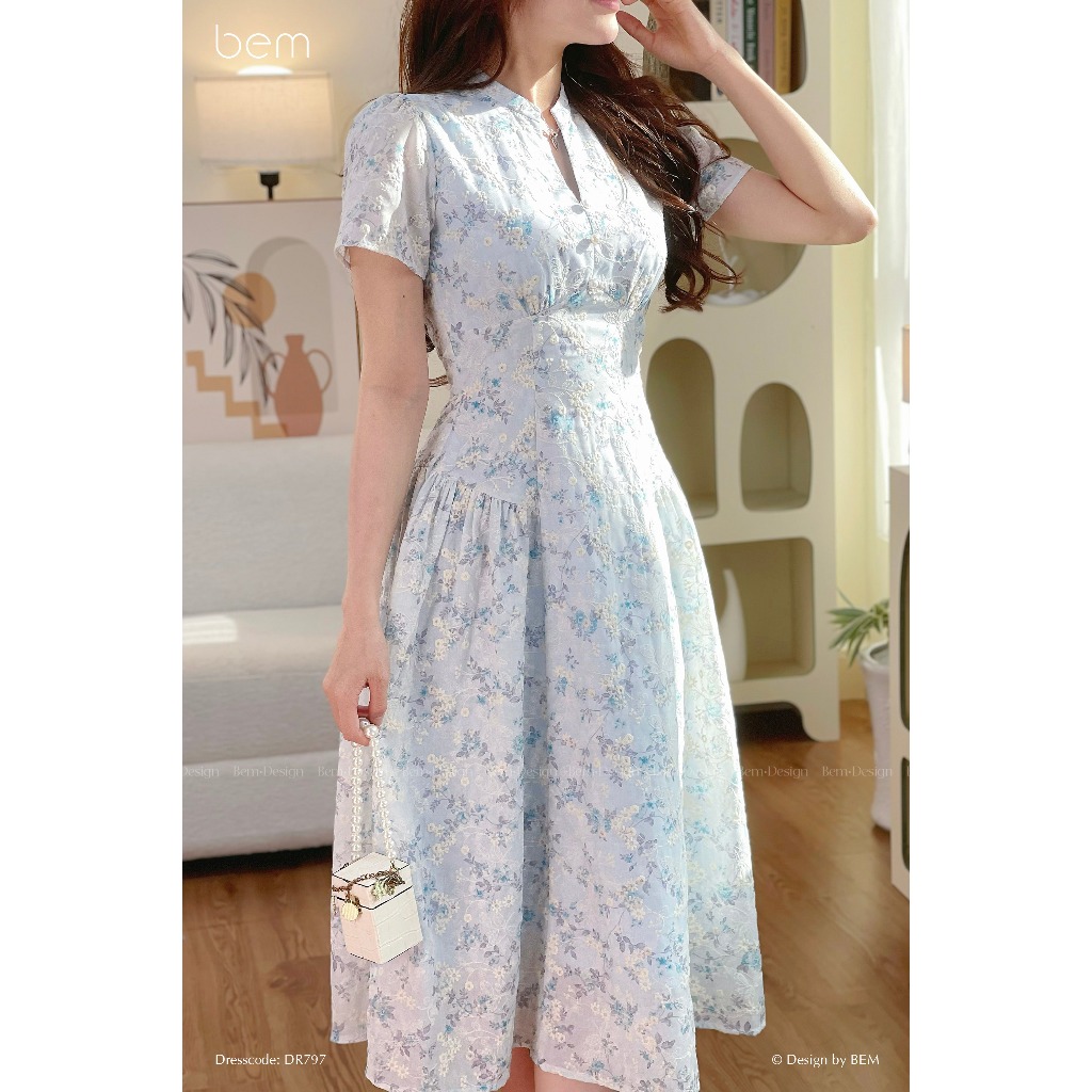 BEM Design Floral ปักคอเต่า Midi Flared Dress (DR797)