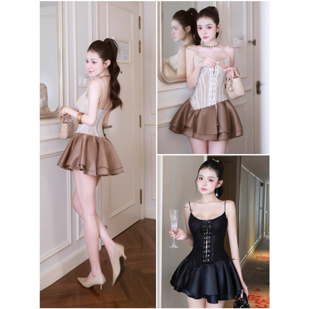 มาใหม่ ✨ COMMITMENT TO STANDARD SHAPE (ORANGE STUDIOS ) - Esme Dress - ชุดเดรสถักลูกไม้ 2 สายกระโปรงผ้าไหมสั้น
