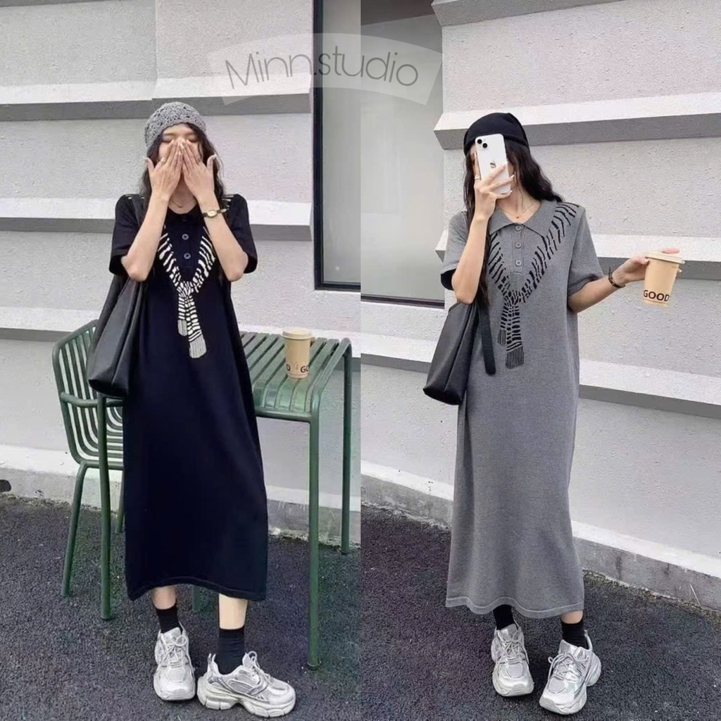 [Minn.studio] เดรสผ้าวูล mtg พิมพ์ลายผ้าพันคอคอเต่าและหลวม (สินค้า QC)