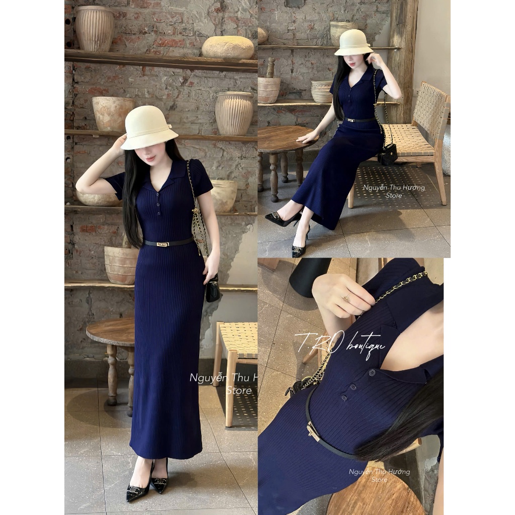 ชุดเดรสผ้าวูล Mtg bodycon-down คอปกและเข็มขัดสุดชิค 6064, QCCC Tro