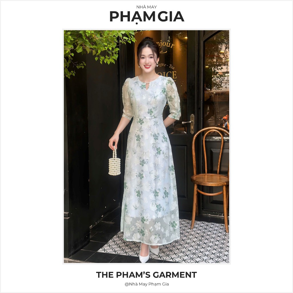 แม็กซี่เดรสผ้าไหมอัดคุณภาพสูงดอกเทอร์ควอยซ์ - รหัส PG123 - Pham Gia Tailor