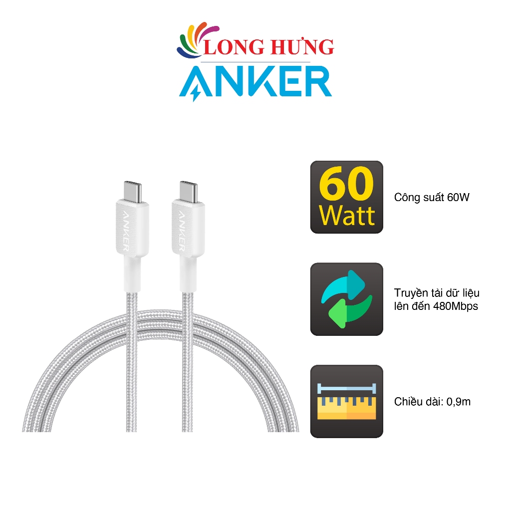 สาย USB Type-C to Type-C Anker 322 Nylon Cable III 60W 0.9m A81F5 - สินค้าของแท้