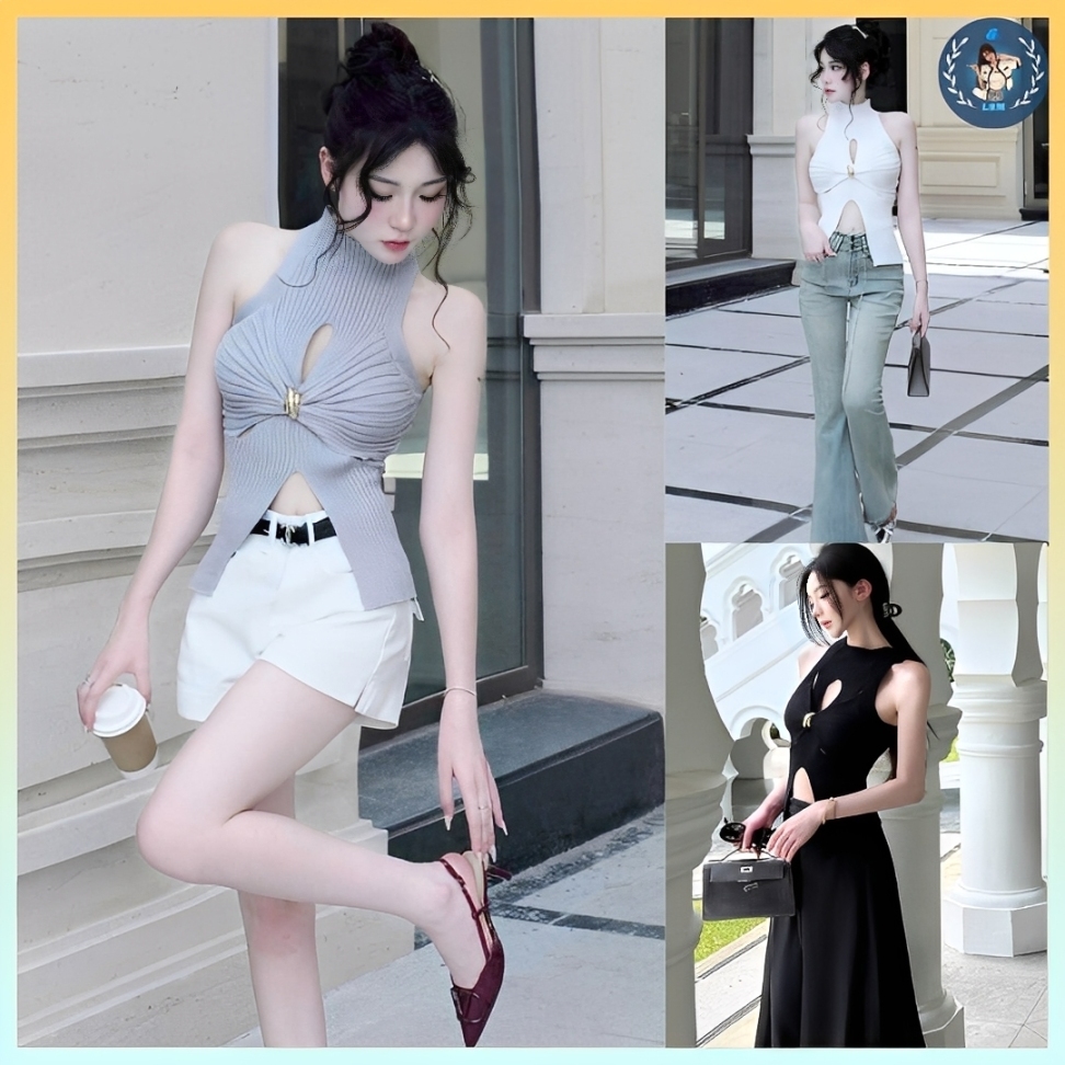 [A442] เสื้อสเวตเตอร์ 3 หลุมถัก Montoghi CUT OUT BUTTON IN THE MIDDLE ผ่าเข้ารูป - L2M