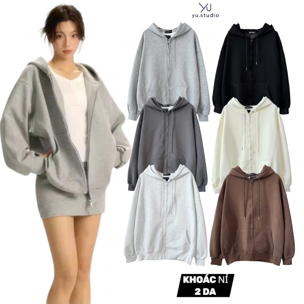 YUSTUDIO เสื้อแจ็คเก็ตผ้าฟลีซ 2 ผิว เสื้อแจ็คเก็ตมีฮู้ดมีซิป เสื้อแจ็คเก็ตมีฮู้ดผ้าฟลีซหนังแกะ 2 แบบหน้ากว้าง รุ่น Plain