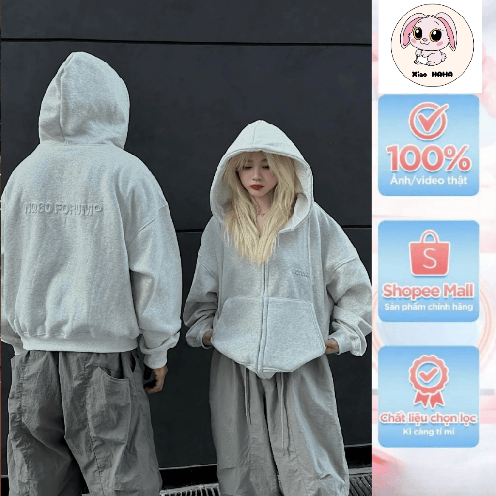 COTTON Zip Hoodie ที่มีตัวอักษรนูน NQ30FORUM Boxy รูปแบบหลวมสําหรับผู้ชายและผู้หญิง Unisex