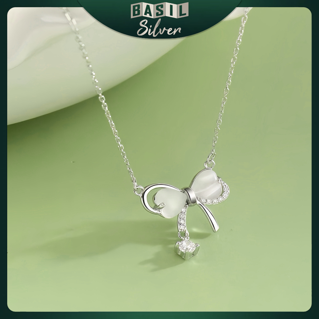 S925 สร้อยคอผู้หญิงเงินสเตอร์ลิงพร้อมโบว์และหินตาแมว, สแตนเลสสีดํา - BASIL SILVER BS11